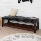 Banco tapizado marrón/negro con patas de madera, 2 plazas