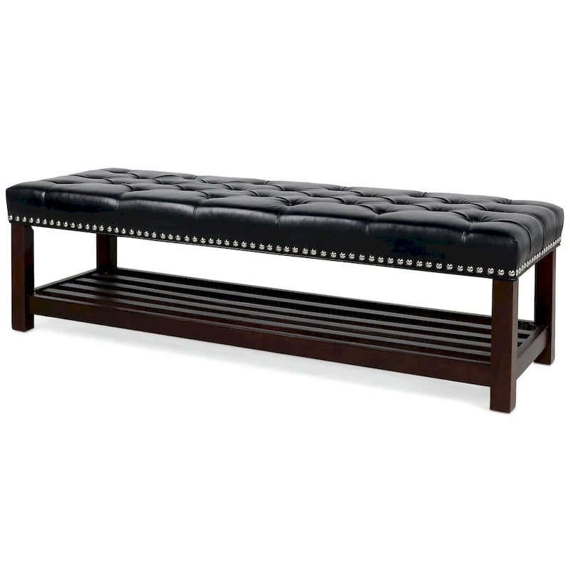 Banco tapizado marrón/negro con patas de madera, 2 plazas