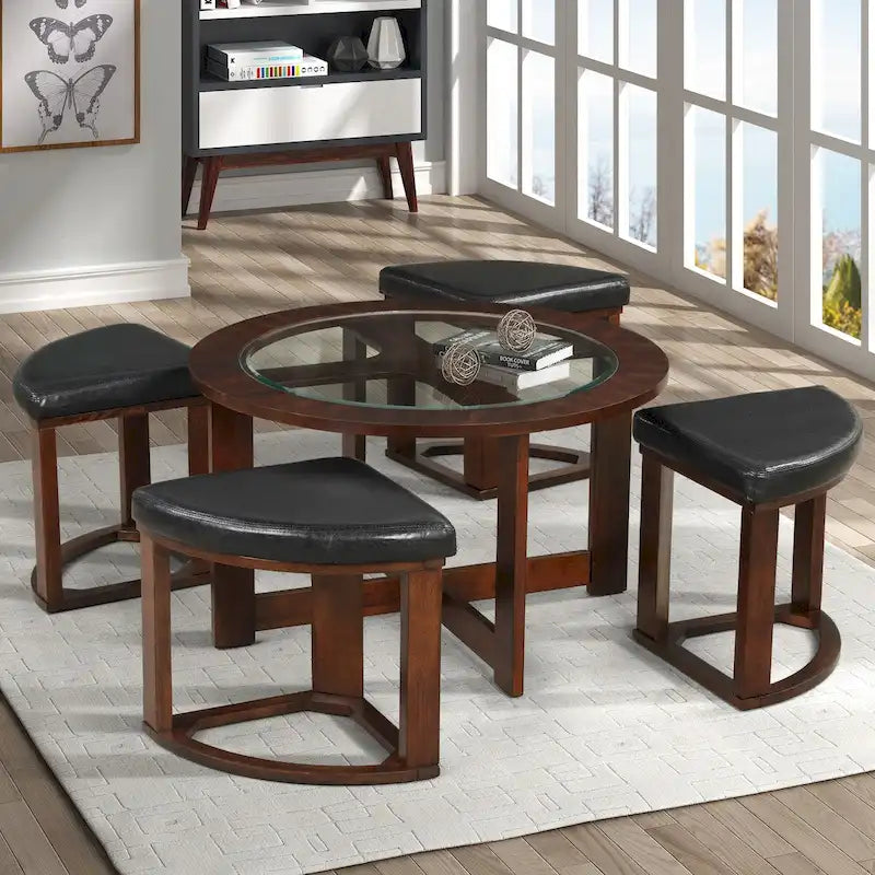 Juego de mesa de centro redonda de cristal Espresso con 4 taburetes