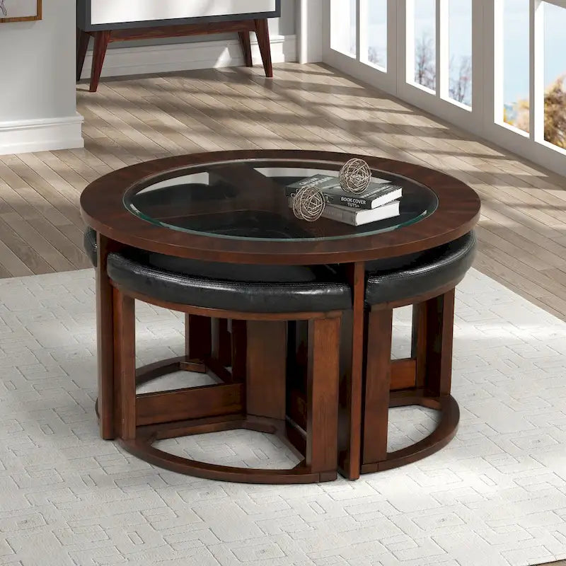 Juego de mesa de centro redonda de cristal Espresso con 4 taburetes