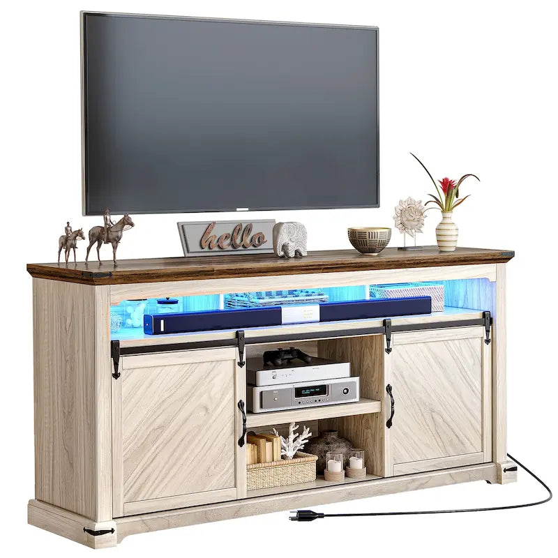 Mueble de TV de Granja de Nogal con Puerta Corredera y Luces LED, Compatible con TVs de hasta 75"