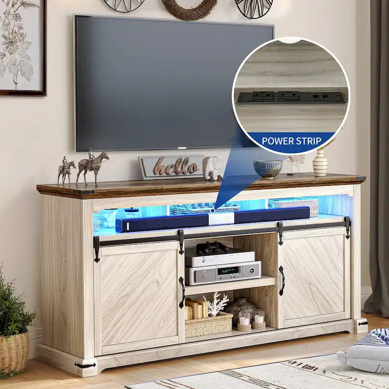Mueble de TV de Granja de Nogal con Puerta Corredera y Luces LED, Compatible con TVs de hasta 75"
