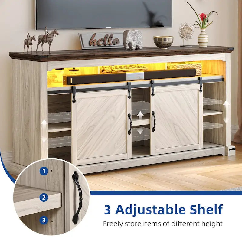 Mueble de TV de Granja de Nogal con Puerta Corredera y Luces LED, Compatible con TVs de hasta 75"