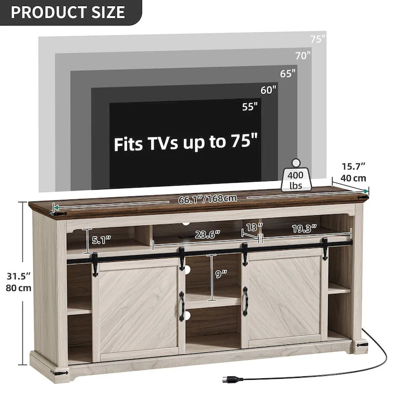 Mueble de TV de Granja de Nogal con Puerta Corredera y Luces LED, Compatible con TVs de hasta 75"