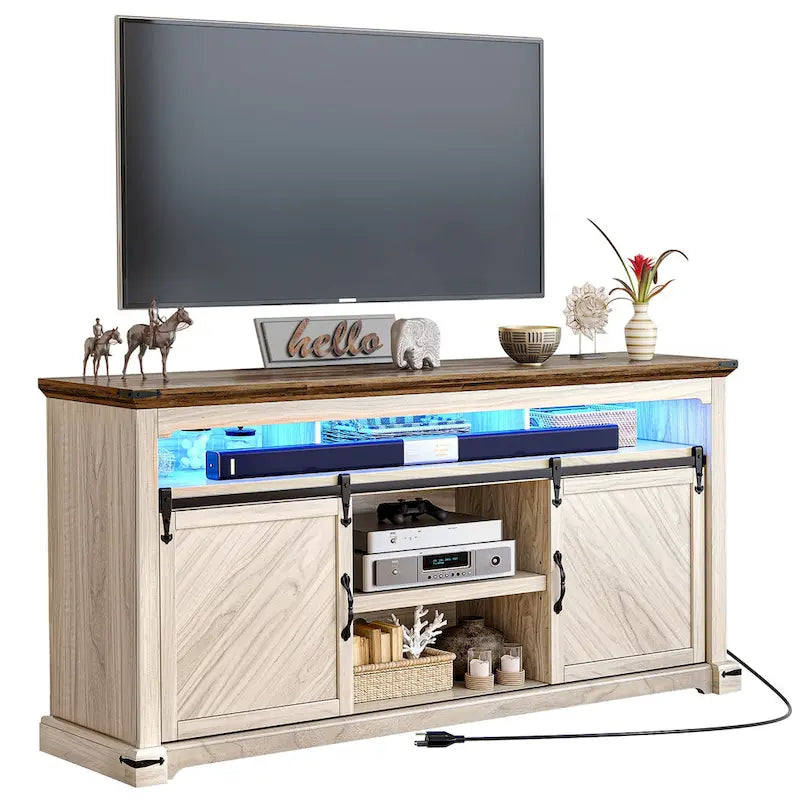 Mueble de TV de Granja de Nogal con Puerta Corredera y Luces LED, Compatible con TVs de hasta 75"