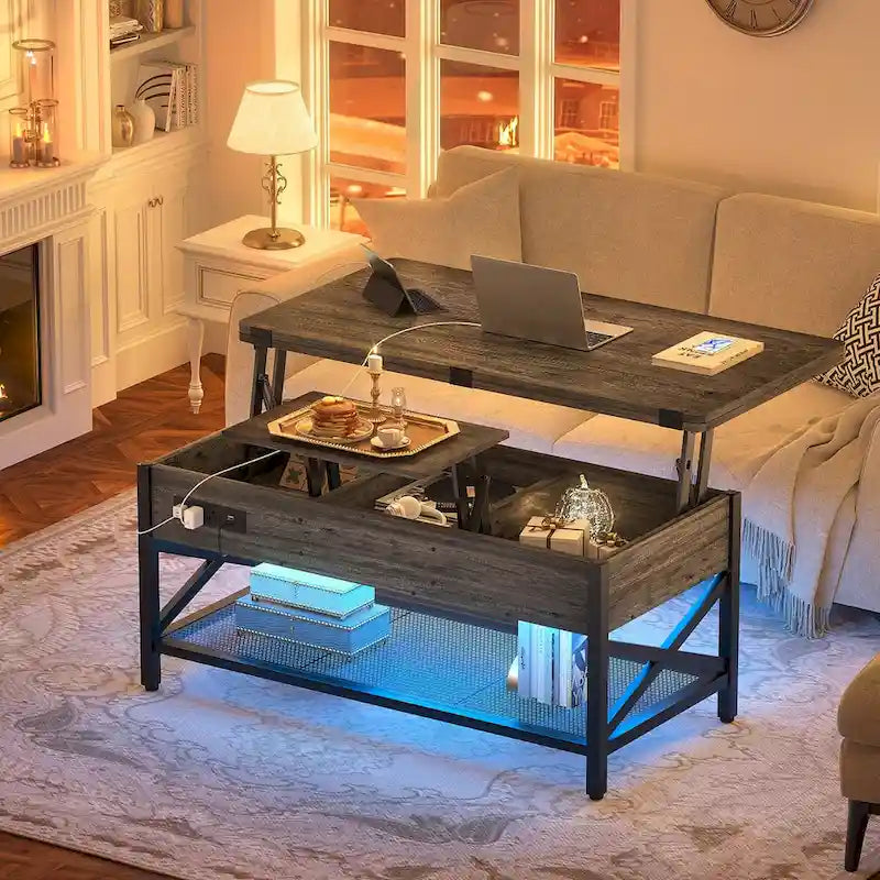 Mesa de centro multifuncional elevable de estilo rústico que se convierte en mesa de comedor con luz LED y toma de corriente