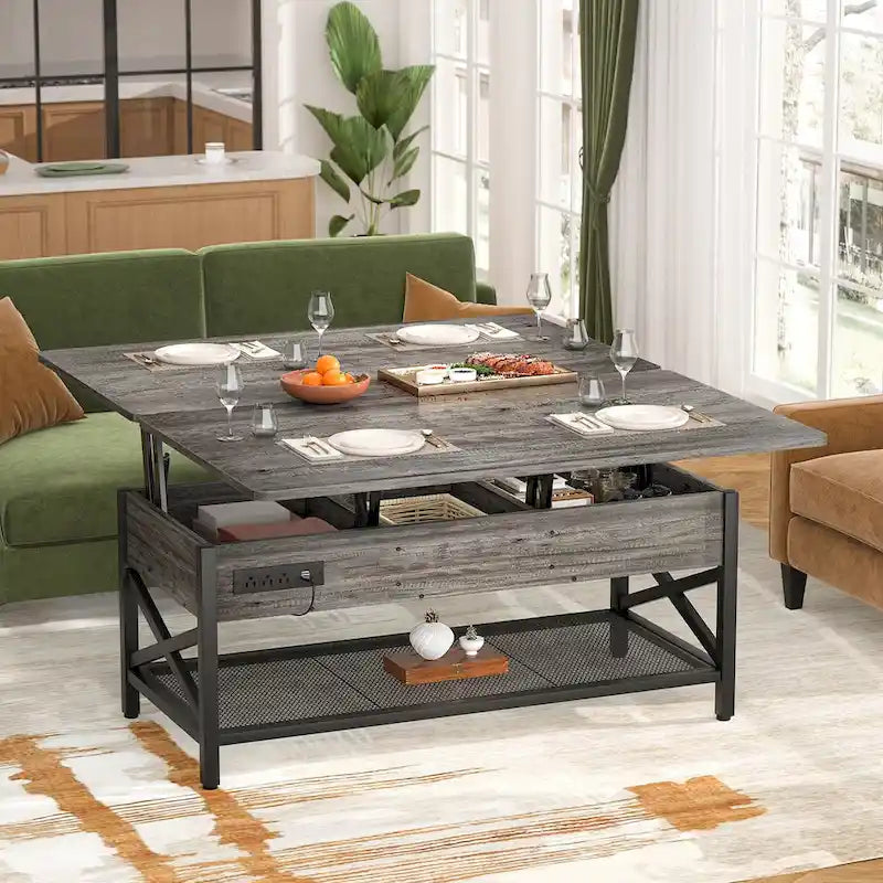 Mesa de centro multifuncional elevable de estilo rústico que se convierte en mesa de comedor con luz LED y toma de corriente