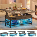 Mesa de centro multifuncional elevable de estilo rústico que se convierte en mesa de comedor con luz LED y toma de corriente
