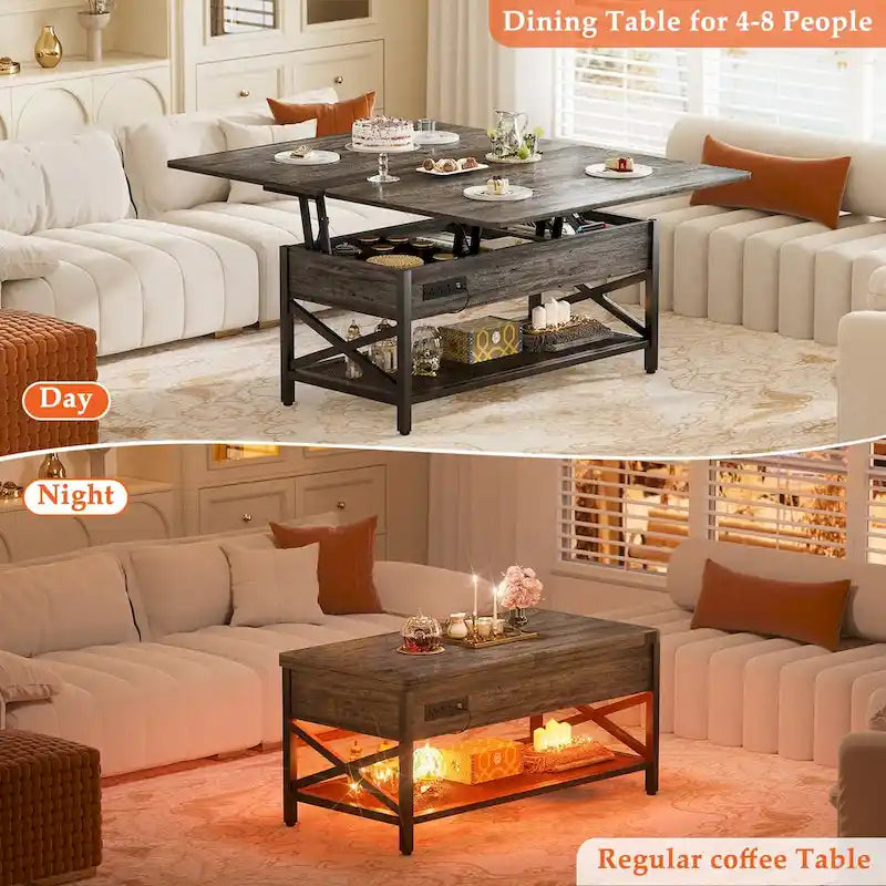 Mesa de centro multifuncional elevable de estilo rústico que se convierte en mesa de comedor con luz LED y toma de corriente