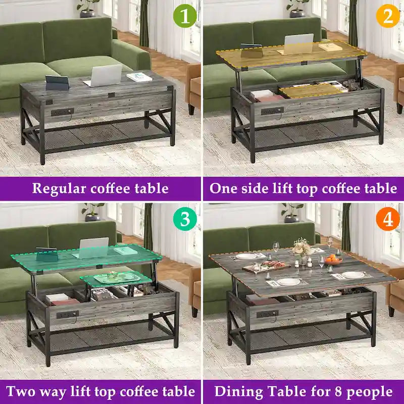 Mesa de centro multifuncional elevable de estilo rústico que se convierte en mesa de comedor con luz LED y toma de corriente