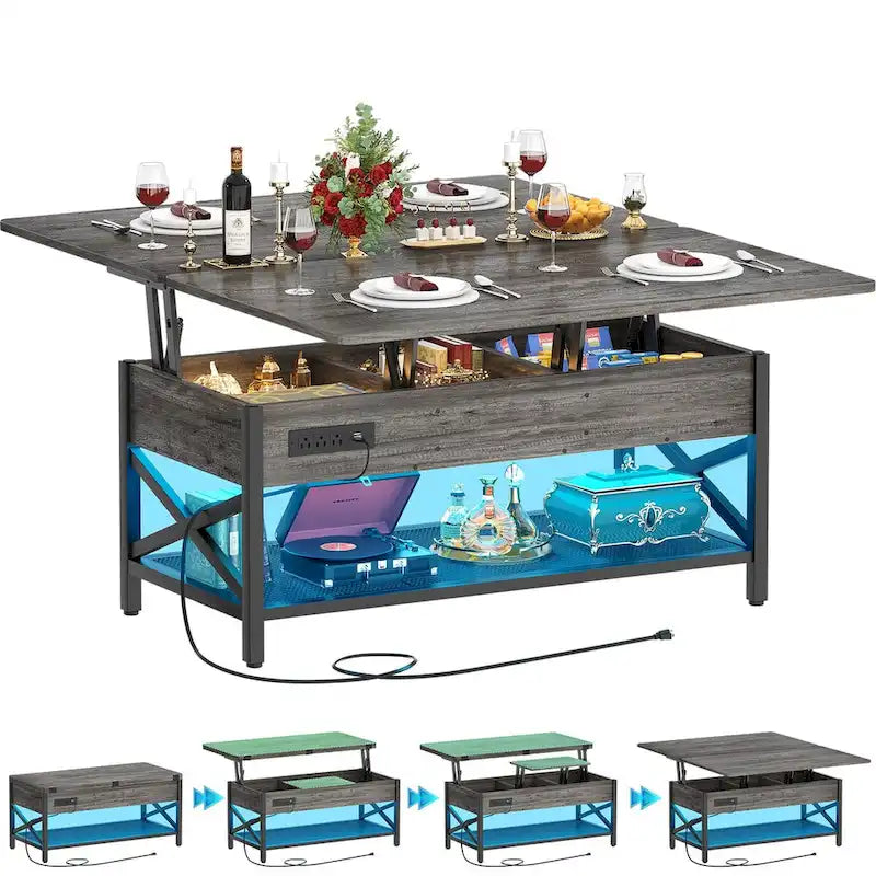 Mesa de centro multifuncional elevable de estilo rústico que se convierte en mesa de comedor con luz LED y toma de corriente