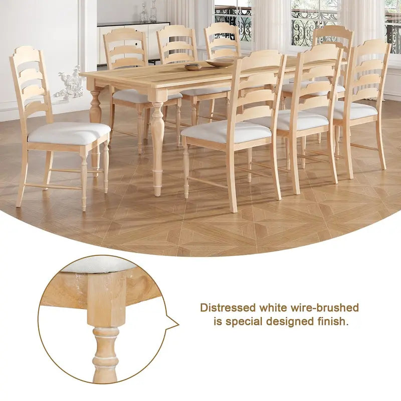 Juego de comedor extensible de madera natural/marrón y blanco – 9 piezas, para 8 personas