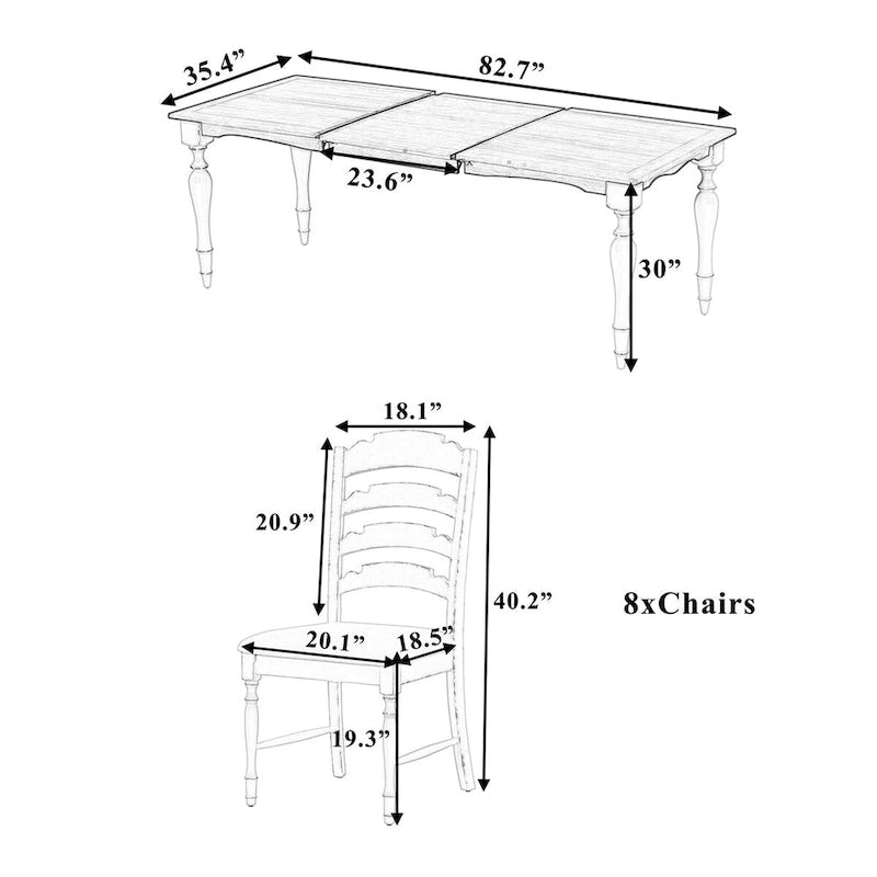 Juego de comedor extensible de madera natural/marrón y blanco – 9 piezas, para 8 personas