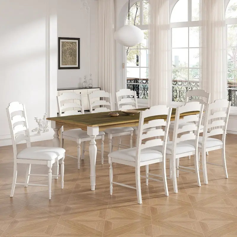 Juego de comedor extensible de madera natural/marrón y blanco – 9 piezas, para 8 personas