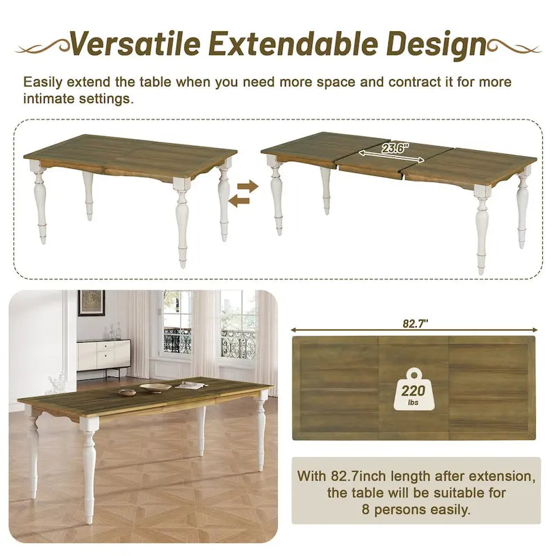 Juego de comedor extensible de madera natural/marrón y blanco – 9 piezas, para 8 personas