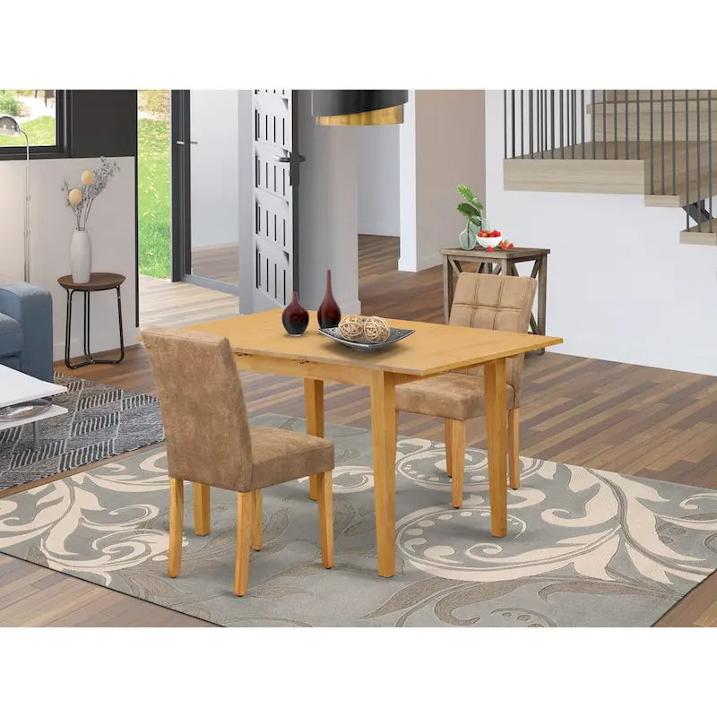 Juego de comedor rectangular de roble con sillas de piel sintética marrón (3 o 5 piezas)