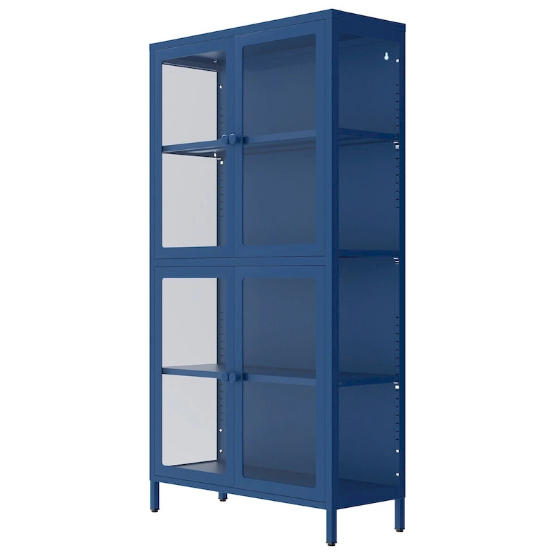 Armario de almacenamiento de cristal de 4 puertas en azul / negro / verde menta / blanco – Aparador de acero de 2 estantes
