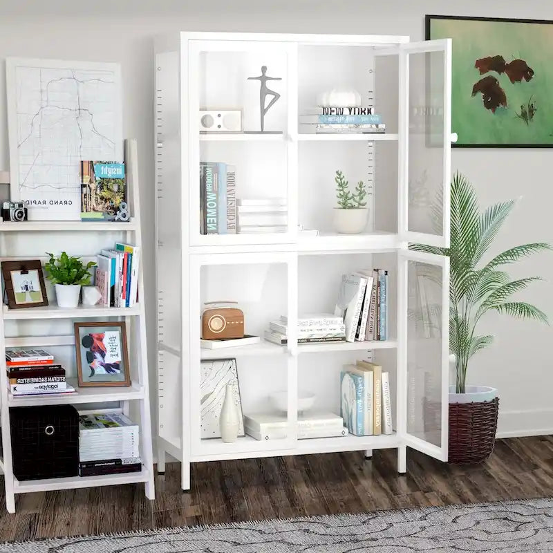 Armario de almacenamiento de cristal de 4 puertas en azul / negro / verde menta / blanco – Aparador de acero de 2 estantes