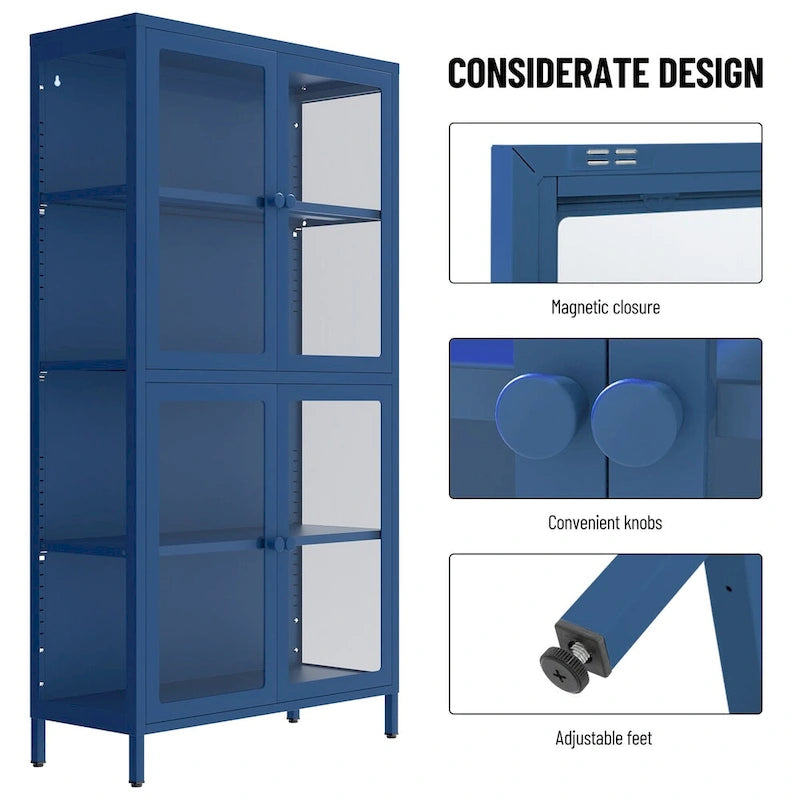Armario de almacenamiento de cristal de 4 puertas en azul / negro / verde menta / blanco – Aparador de acero de 2 estantes