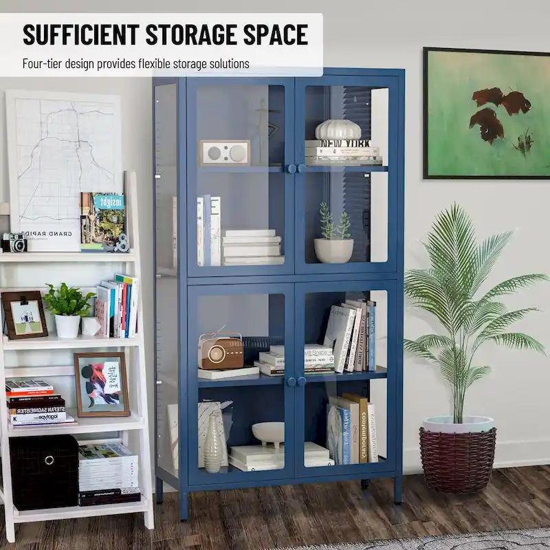 Armario de almacenamiento de cristal de 4 puertas en azul / negro / verde menta / blanco – Aparador de acero de 2 estantes
