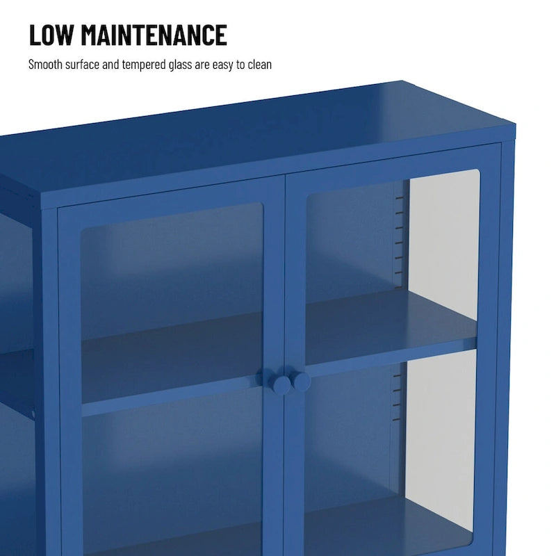 Armario de almacenamiento de cristal de 4 puertas en azul / negro / verde menta / blanco – Aparador de acero de 2 estantes