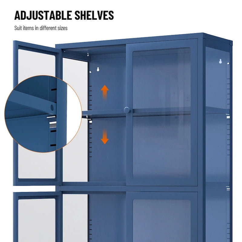 Armario de almacenamiento de cristal de 4 puertas en azul / negro / verde menta / blanco – Aparador de acero de 2 estantes