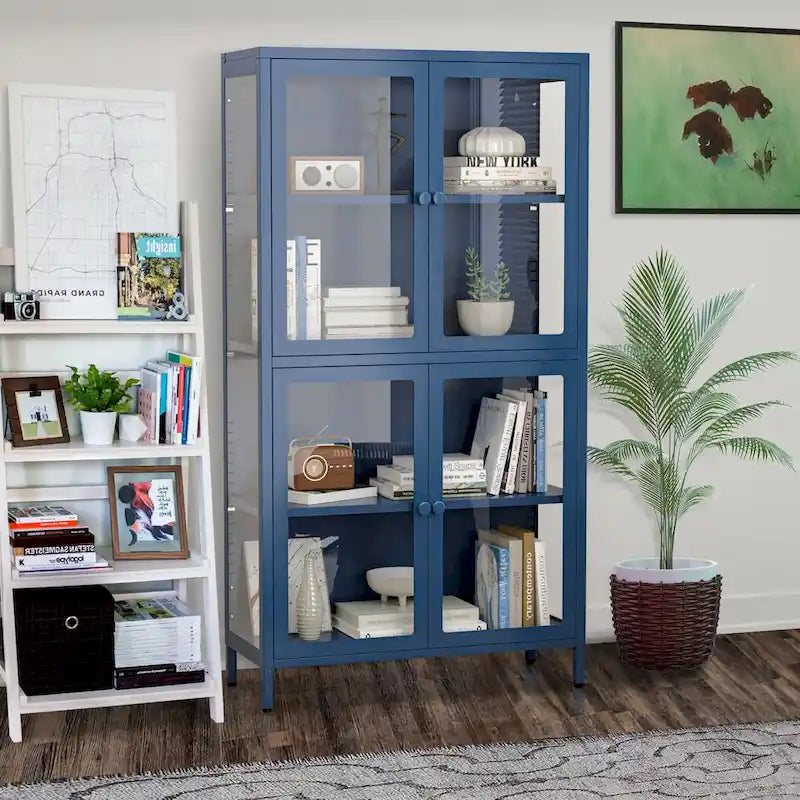 Armario de almacenamiento de cristal de 4 puertas en azul / negro / verde menta / blanco – Aparador de acero de 2 estantes