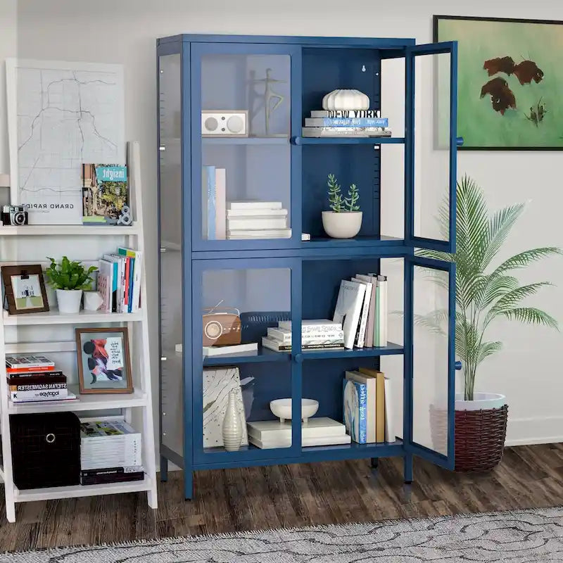 Armario de almacenamiento de cristal de 4 puertas en azul / negro / verde menta / blanco – Aparador de acero de 2 estantes