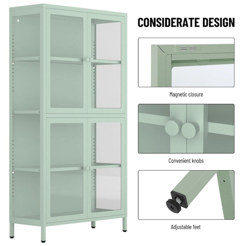 Armario de almacenamiento de cristal de 4 puertas en azul / negro / verde menta / blanco – Aparador de acero de 2 estantes