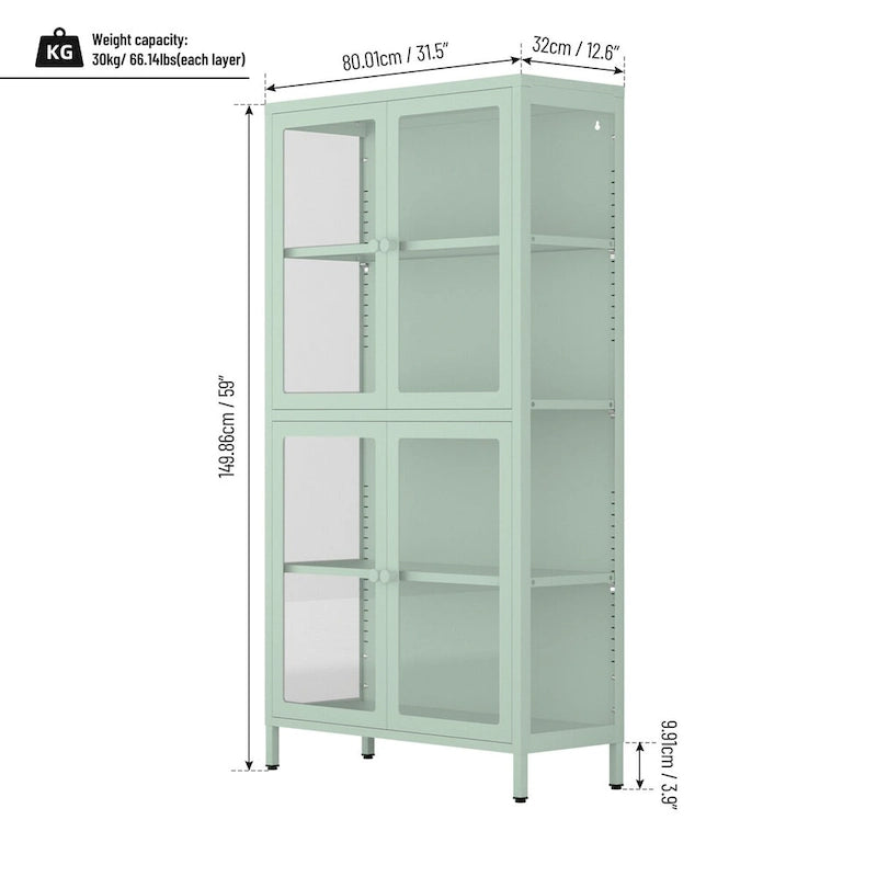 Armario de almacenamiento de cristal de 4 puertas en azul / negro / verde menta / blanco – Aparador de acero de 2 estantes