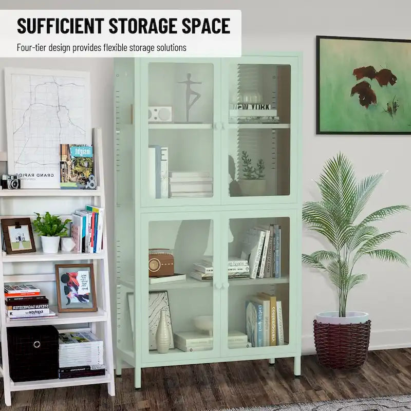 Armario de almacenamiento de cristal de 4 puertas en azul / negro / verde menta / blanco – Aparador de acero de 2 estantes