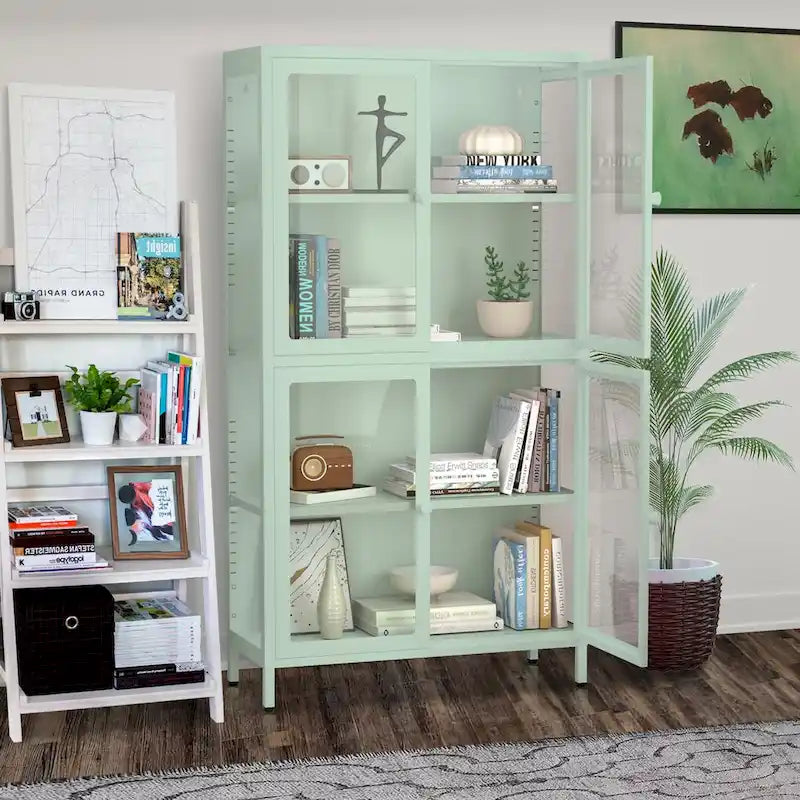Armario de almacenamiento de cristal de 4 puertas en azul / negro / verde menta / blanco – Aparador de acero de 2 estantes