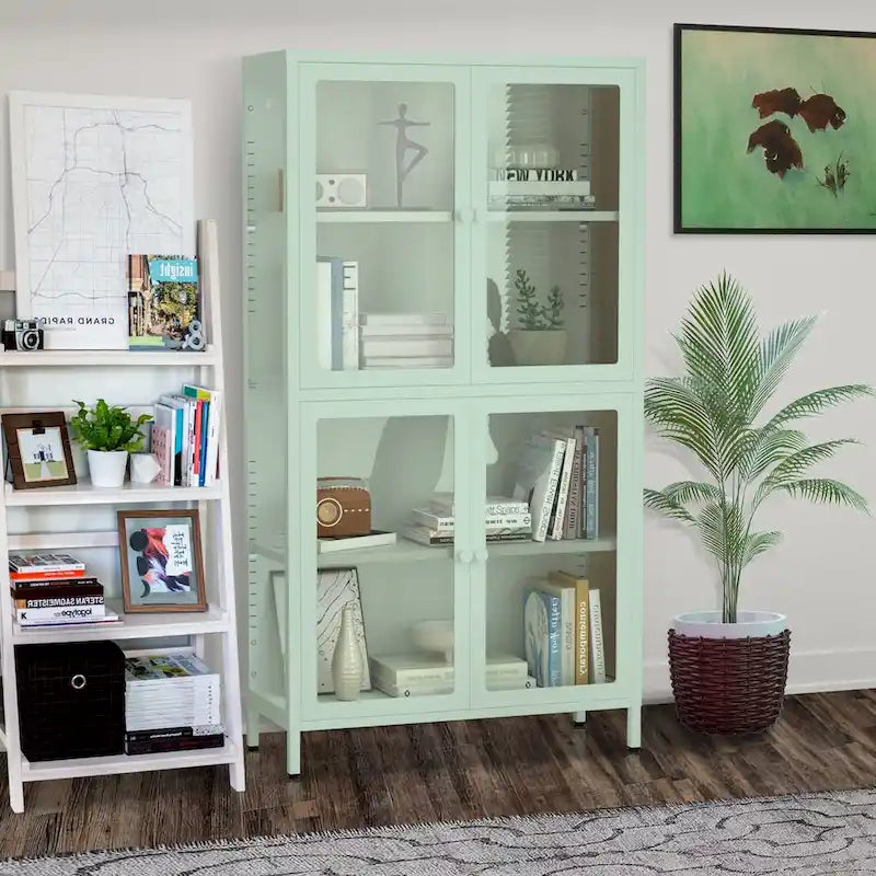 Armario de almacenamiento de cristal de 4 puertas en azul / negro / verde menta / blanco – Aparador de acero de 2 estantes