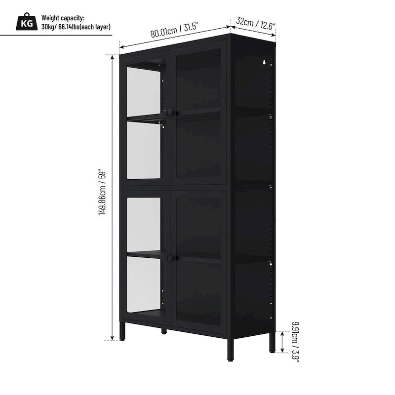Armario de almacenamiento de cristal de 4 puertas en azul / negro / verde menta / blanco – Aparador de acero de 2 estantes