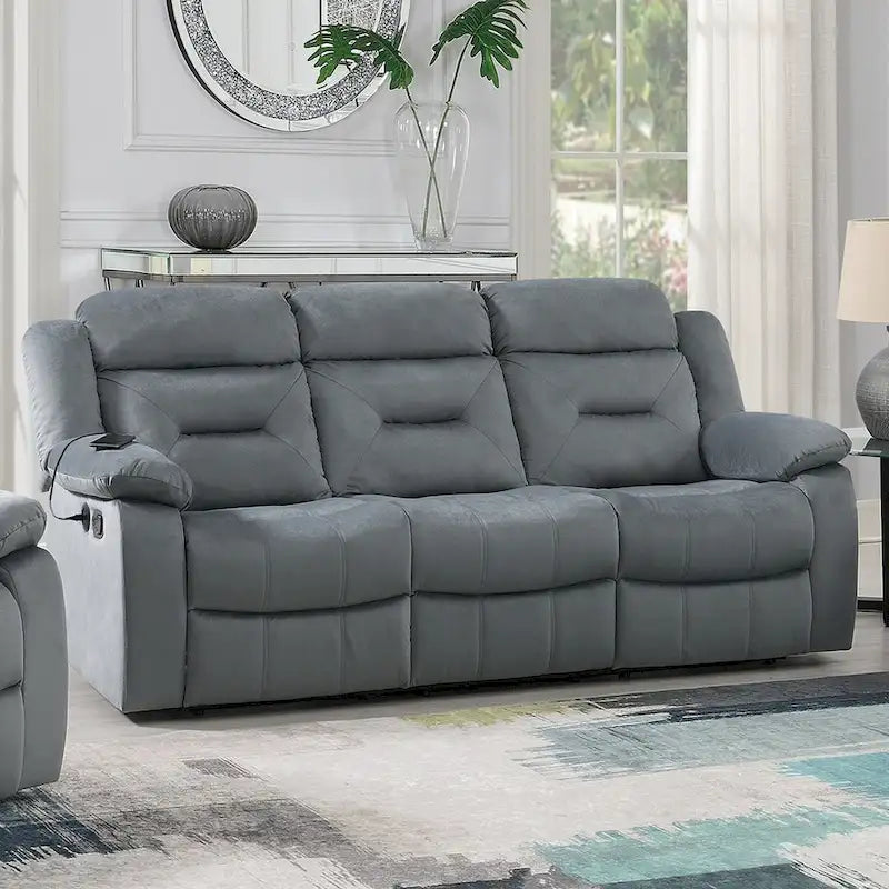 Sofá reclinable manual de 3 plazas de terciopelo beige/gris oscuro con puerto USB