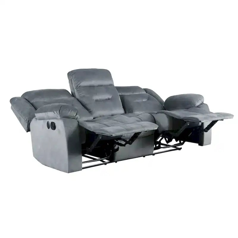 Sofá reclinable manual de 3 plazas de terciopelo beige/gris oscuro con puerto USB