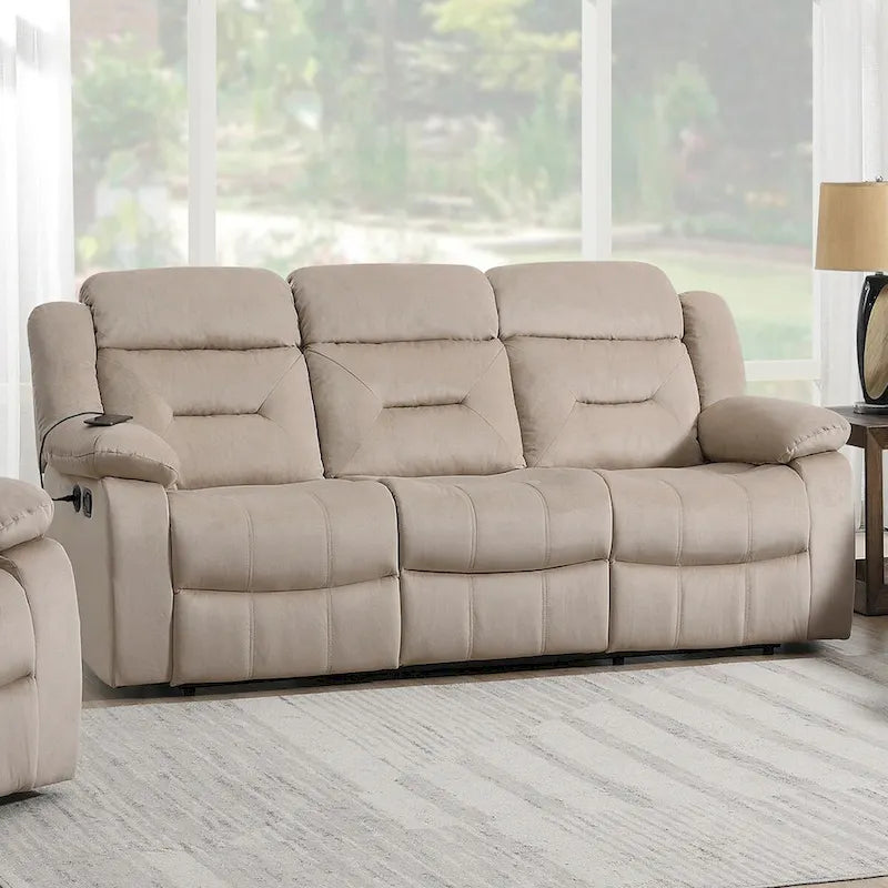 Sofá reclinable manual de 3 plazas de terciopelo beige/gris oscuro con puerto USB