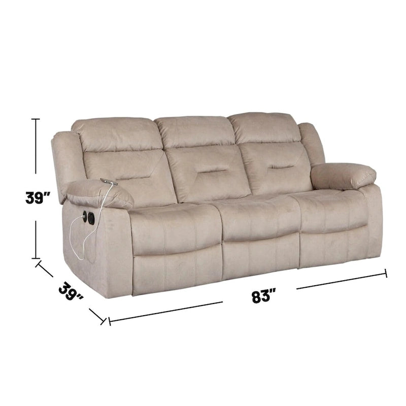 Sofá reclinable manual de 3 plazas de terciopelo beige/gris oscuro con puerto USB