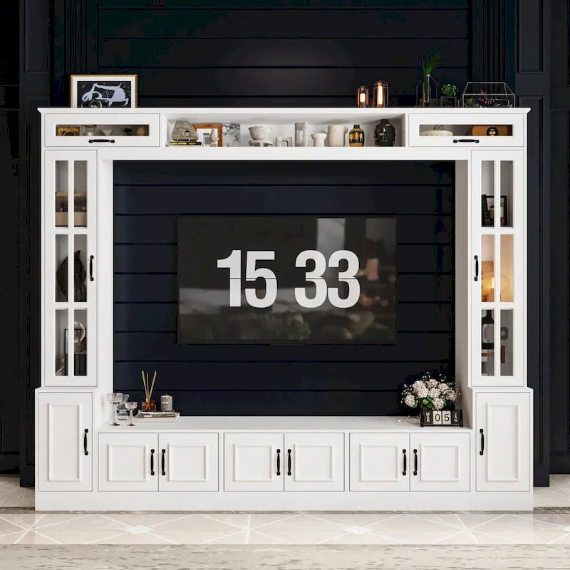 Mueble de TV Moderno Blanco con Puertas de Cristal Templado, 1 Persona, 96.9" An.