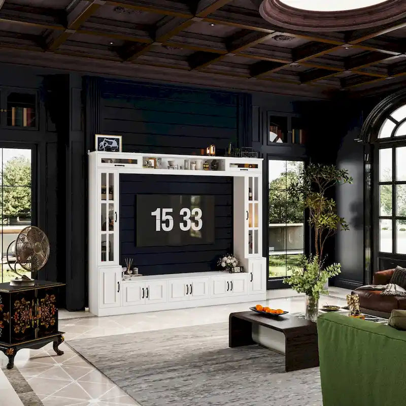 Mueble de TV Moderno Blanco con Puertas de Cristal Templado, 1 Persona, 96.9" An.