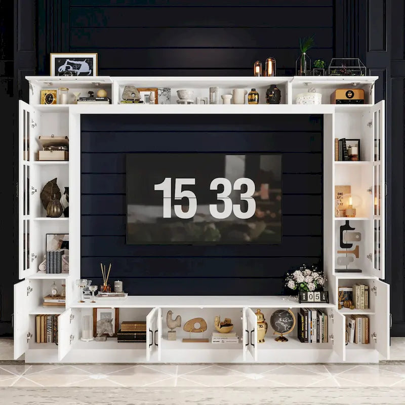 Mueble de TV Moderno Blanco con Puertas de Cristal Templado, 1 Persona, 96.9" An.