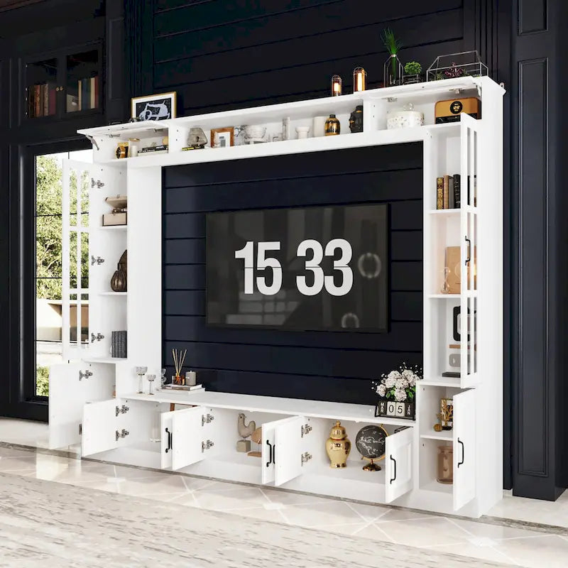 Mueble de TV Moderno Blanco con Puertas de Cristal Templado, 1 Persona, 96.9" An.