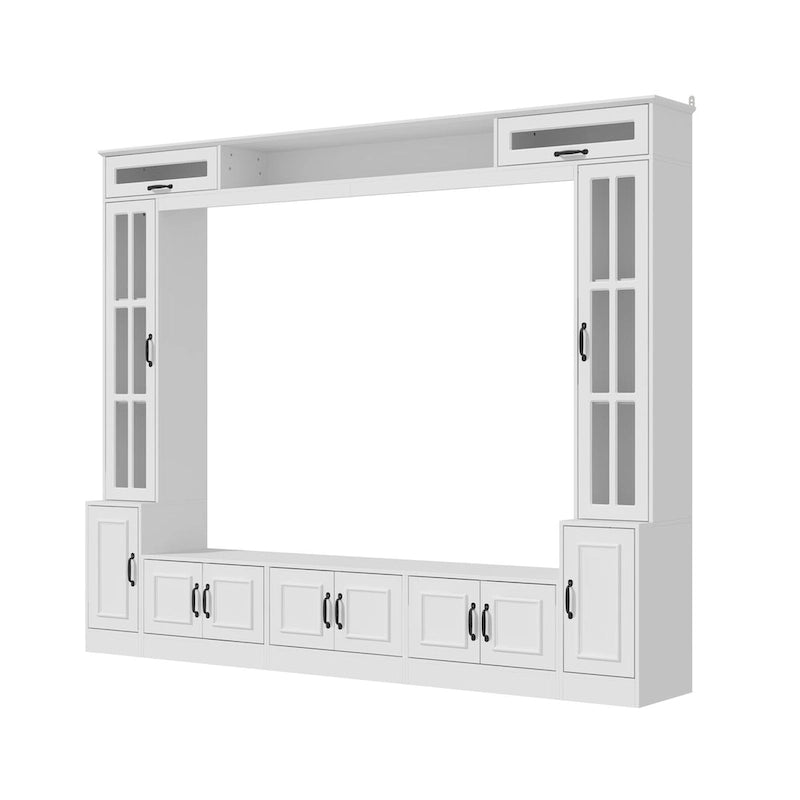 Mueble de TV Moderno Blanco con Puertas de Cristal Templado, 1 Persona, 96.9" An.