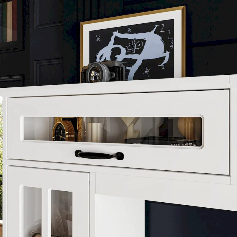 Mueble de TV Moderno Blanco con Puertas de Cristal Templado, 1 Persona, 96.9" An.