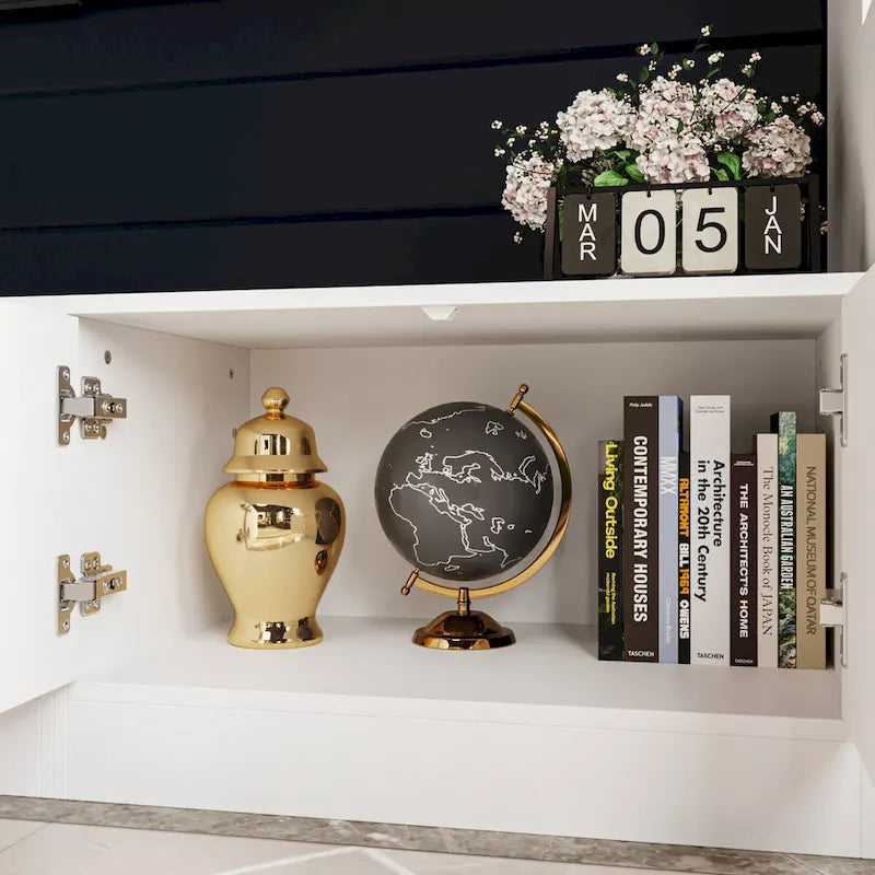 Mueble de TV Moderno Blanco con Puertas de Cristal Templado, 1 Persona, 96.9" An.
