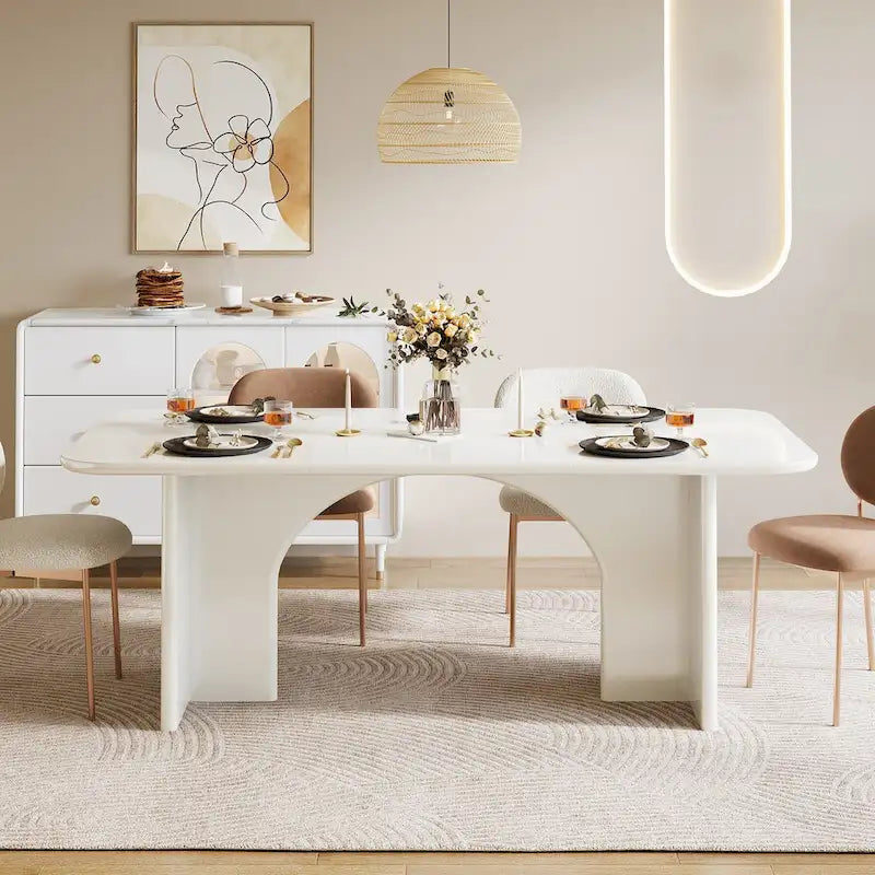 Mesa de comedor rectangular moderna color blanco crema para 4-6 personas con patas de diseño de arco