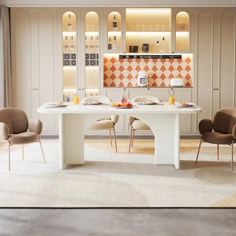 Mesa de comedor rectangular moderna color blanco crema para 4-6 personas con patas de diseño de arco