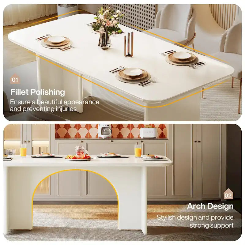 Mesa de comedor rectangular moderna color blanco crema para 4-6 personas con patas de diseño de arco