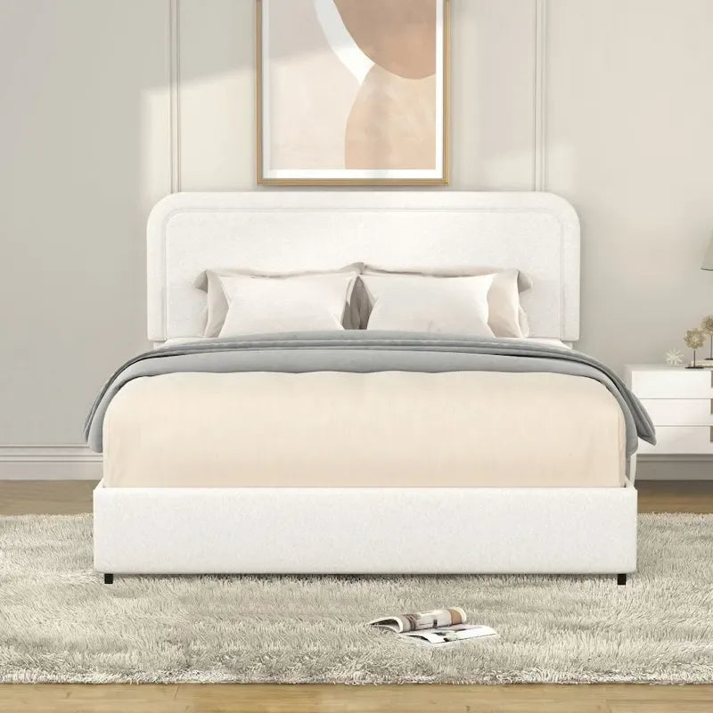 Estructura de cama con almacenaje tapizada en bouclé color marfil — Queen, 2 personas