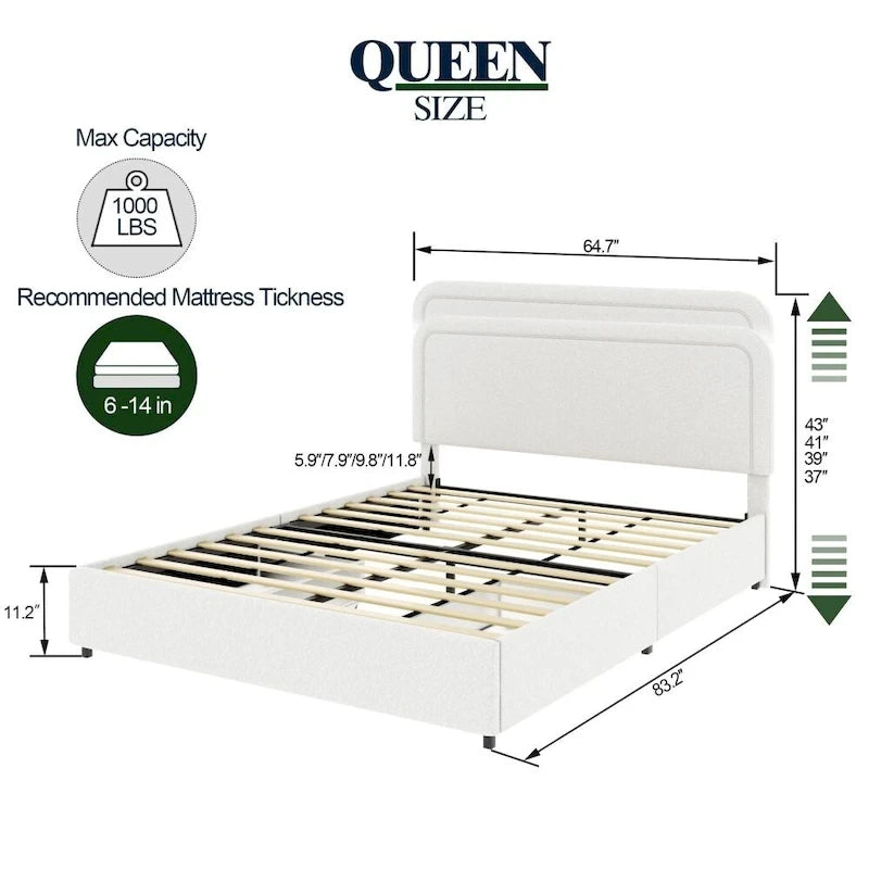 Estructura de cama con almacenaje tapizada en bouclé color marfil — Queen, 2 personas
